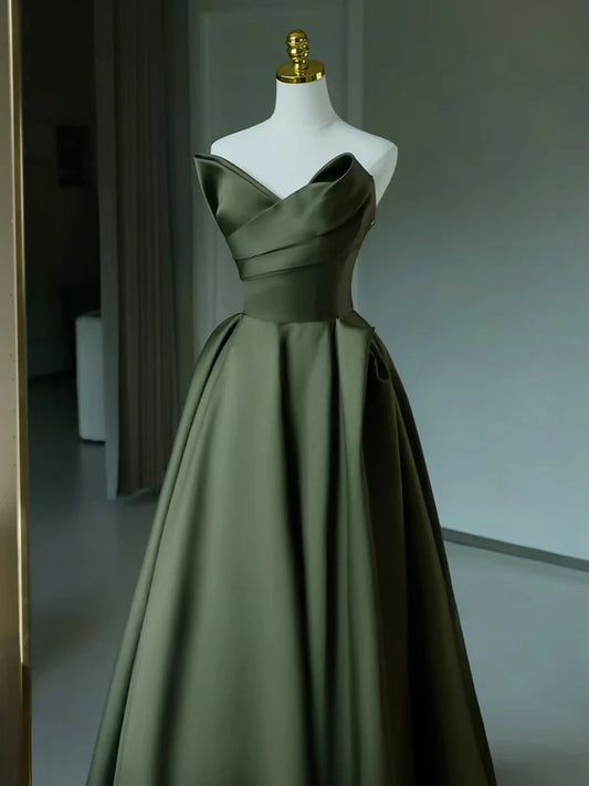 A-Line V Neck Satin Green Long Prom Dress, Green Long Formal Dress ED01138