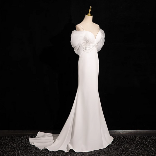 Mermaid V Neckline Satin Tulle White Long Prom Dress, White Wedding Dress ED01139