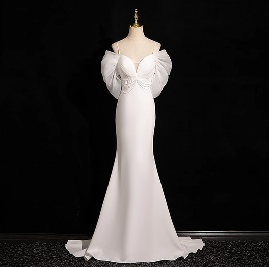 Mermaid V Neckline Satin Tulle White Long Prom Dress, White Wedding Dress ED01139