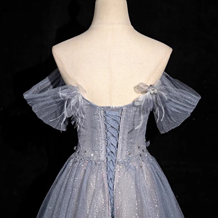 Graublaues A-Linien-Ballkleid mit herzförmigem Ausschnitt und Pailletten aus Tüll, graublaues Abendkleid ED01140