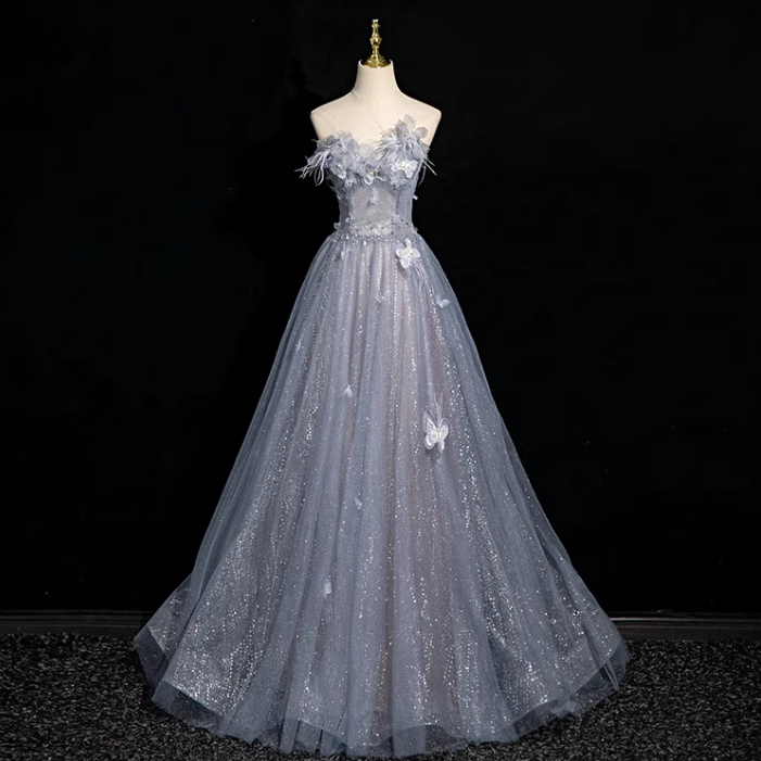 Graublaues A-Linien-Ballkleid mit herzförmigem Ausschnitt und Pailletten aus Tüll, graublaues Abendkleid ED01140