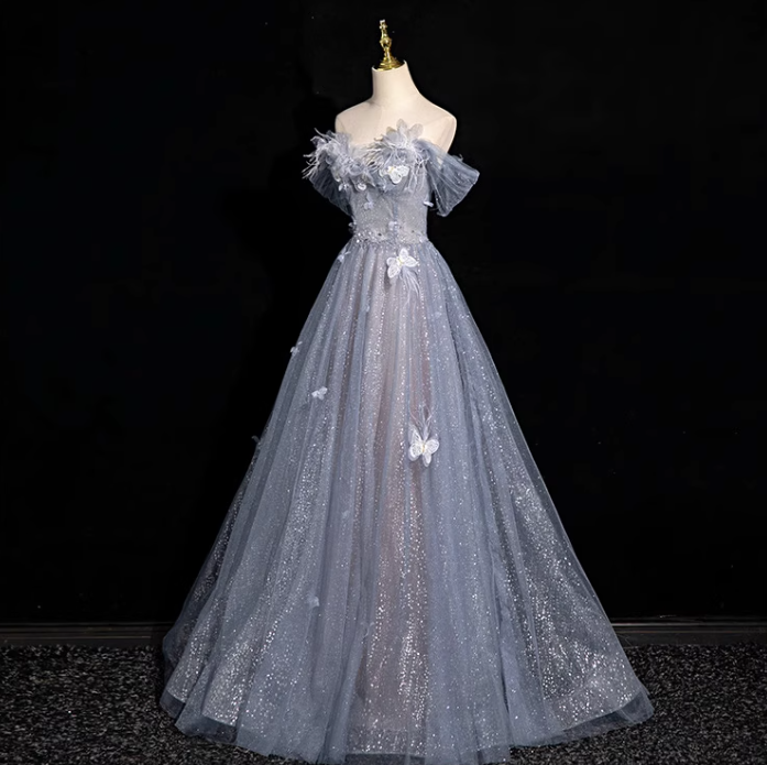 Graublaues A-Linien-Ballkleid mit herzförmigem Ausschnitt und Pailletten aus Tüll, graublaues Abendkleid ED01140