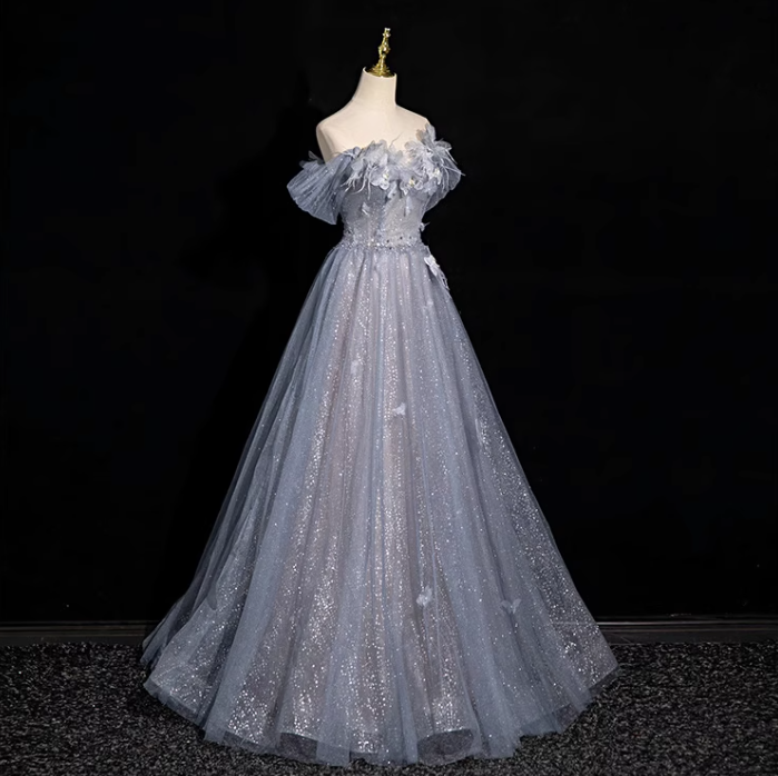 Graublaues A-Linien-Ballkleid mit herzförmigem Ausschnitt und Pailletten aus Tüll, graublaues Abendkleid ED01140