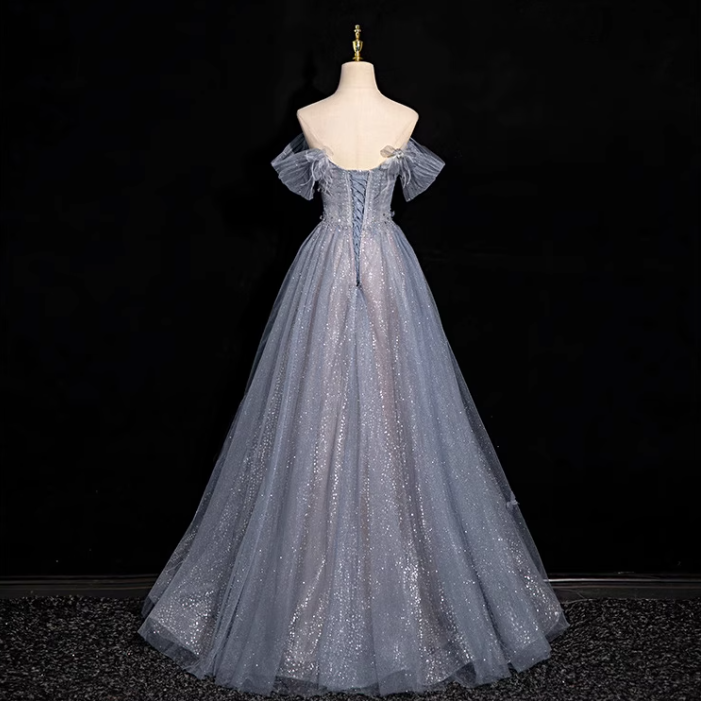 Graublaues A-Linien-Ballkleid mit herzförmigem Ausschnitt und Pailletten aus Tüll, graublaues Abendkleid ED01140