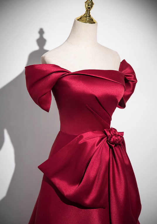 Burgundy A-line off-the-shoulder satin long prom dress, burgundy formal long dress ED01143