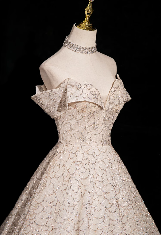 Champagne A-line V-neck mesh sequin long prom dress, champagne formal long dress ED01146