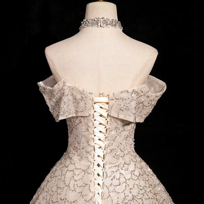 Champagne A-line V-neck mesh sequin long prom dress, champagne formal long dress ED01146