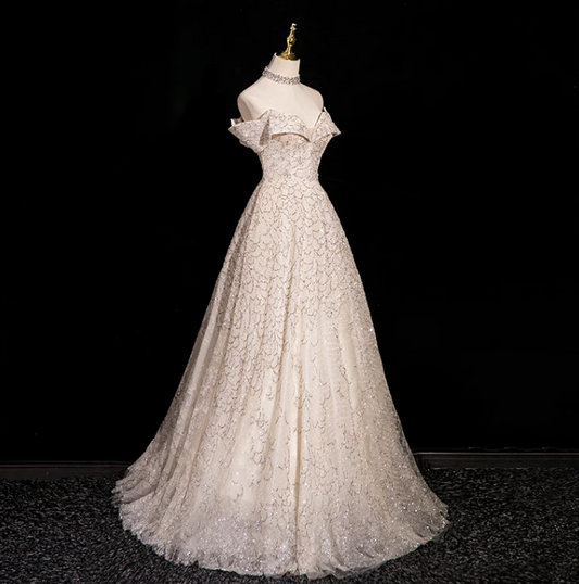 Champagne A-line V-neck mesh sequin long prom dress, champagne formal long dress ED01146