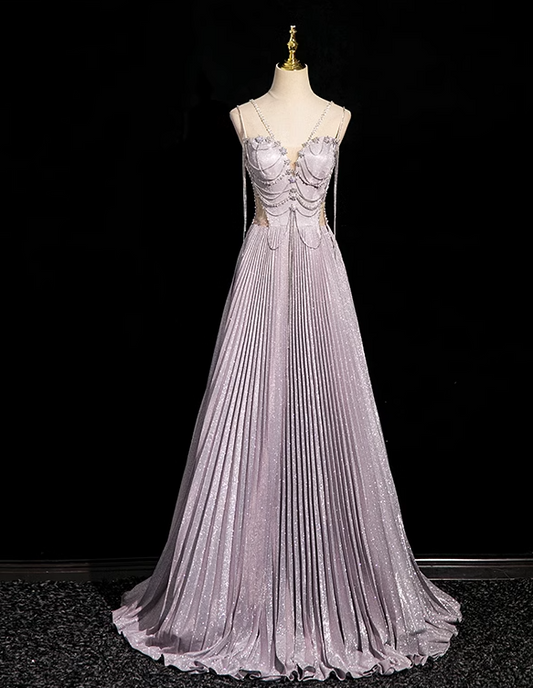 Lilac A-line V-neck Satin Rhinestone Long Prom Dress, Purple Formal Long Dress ED01147