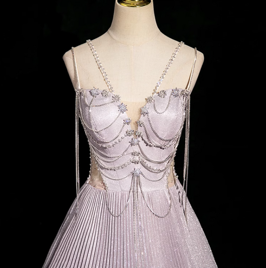 Lilac A-line V-neck Satin Rhinestone Long Prom Dress, Purple Formal Long Dress ED01147