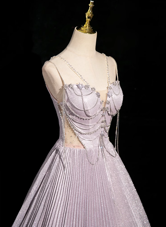 Lilac A-line V-neck Satin Rhinestone Long Prom Dress, Purple Formal Long Dress ED01147