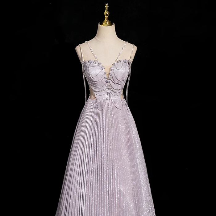 Lilac A-line V-neck Satin Rhinestone Long Prom Dress, Purple Formal Long Dress ED01147