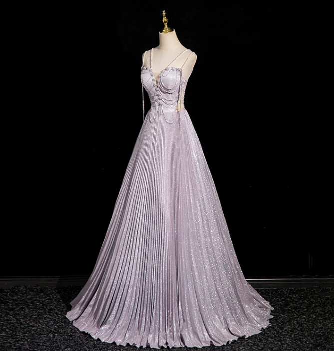 Lilac A-line V-neck Satin Rhinestone Long Prom Dress, Purple Formal Long Dress ED01147