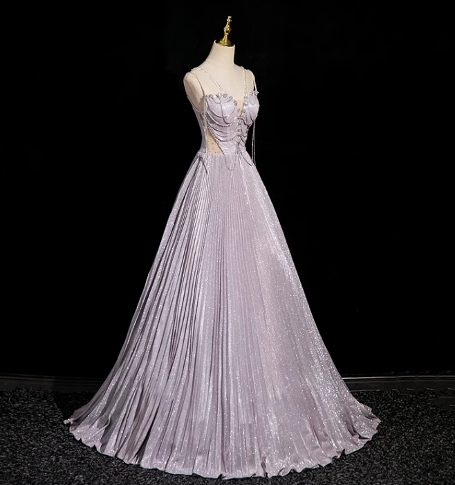 Lilac A-line V-neck Satin Rhinestone Long Prom Dress, Purple Formal Long Dress ED01147