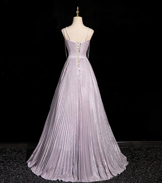 Lilac A-line V-neck Satin Rhinestone Long Prom Dress, Purple Formal Long Dress ED01147
