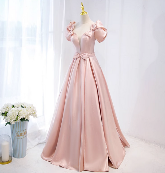 Pink A-line V-neck satin long prom dress, pink formal long dress ED01148