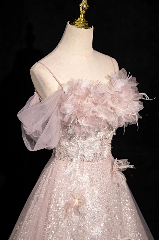 Pink A-line off-shoulder sequined tulle long prom dress, pink formal long dress ED01150