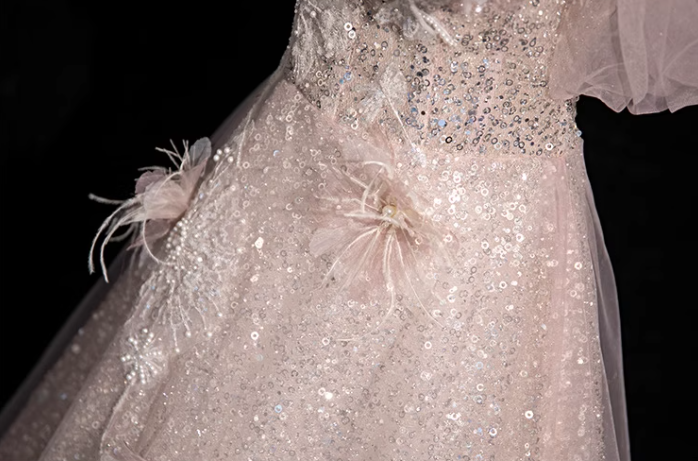 Pink A-line off-shoulder sequined tulle long prom dress, pink formal long dress ED01150