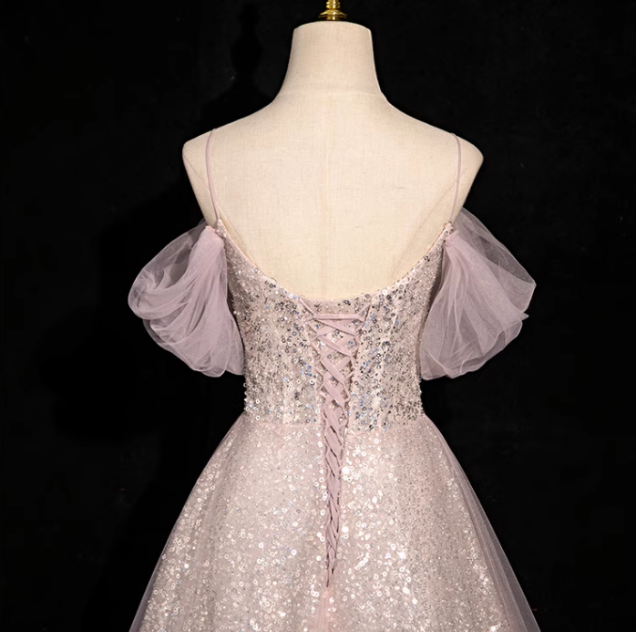 Pink A-line off-shoulder sequined tulle long prom dress, pink formal long dress ED01150