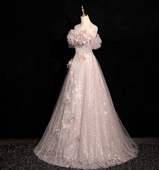 Pink A-line off-shoulder sequined tulle long prom dress, pink formal long dress ED01150