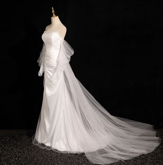 White Mermaid strapless satin tulle long prom dress, white formal long dress ED01151