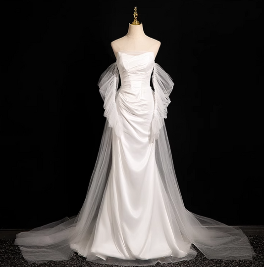 White Mermaid strapless satin tulle long prom dress, white formal long dress ED01151