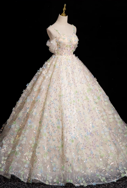 Champagne A-line sweetheart neck tulle beaded long prom dress, champagne formal long dress ED01152