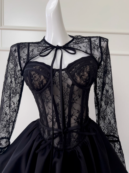 Black A-line Sweetheart Neck Lace Satin Short Prom Dress, Black Homecoming Dress ED01153