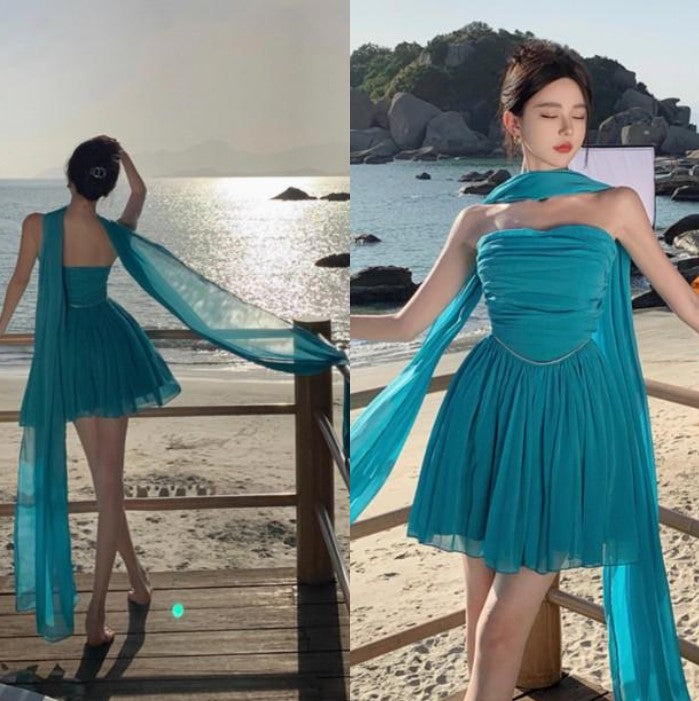 Seeblaues A-Linien-Ballkleid aus trägerlosem Chiffon, kurzes Ballkleid aus seeblauem Homecoming-Kleid ED01154