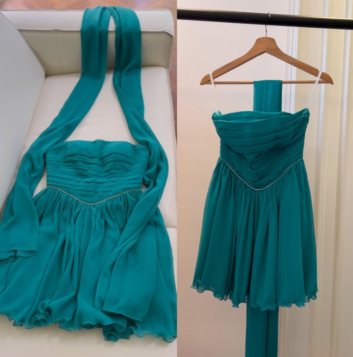 Seeblaues A-Linien-Ballkleid aus trägerlosem Chiffon, kurzes Ballkleid aus seeblauem Homecoming-Kleid ED01154