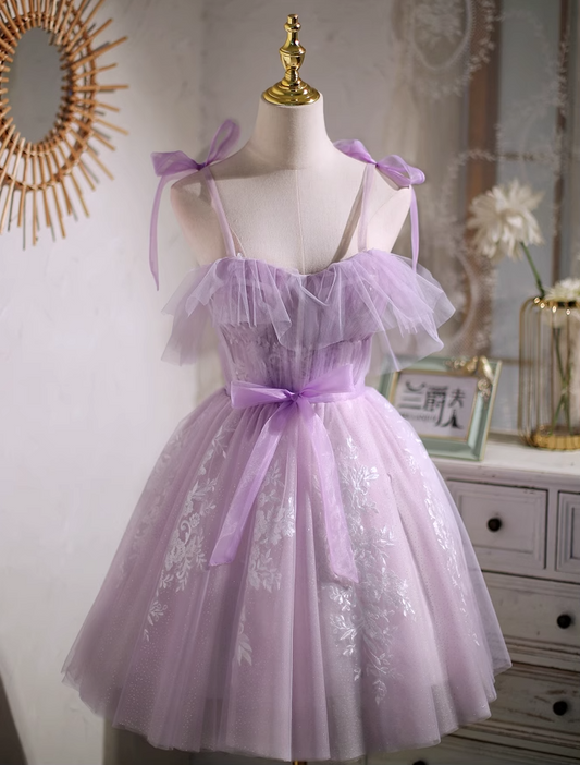 Purple A-line sweetheart neckline tulle lace short prom dress, purple homecoming dress ED01157