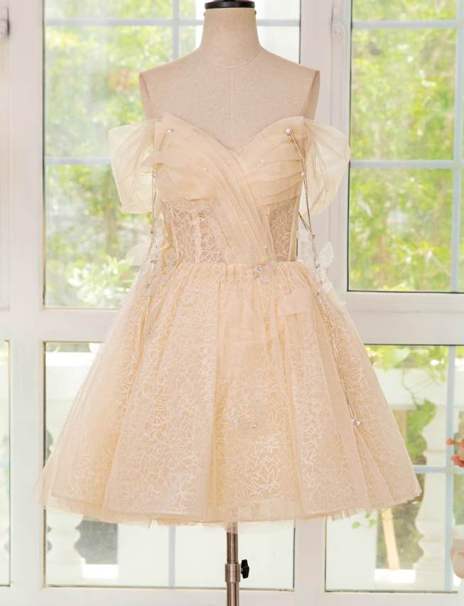 Champagne A-line off shoulder tulle lace short prom dress, champagne homecoming dress ED01158