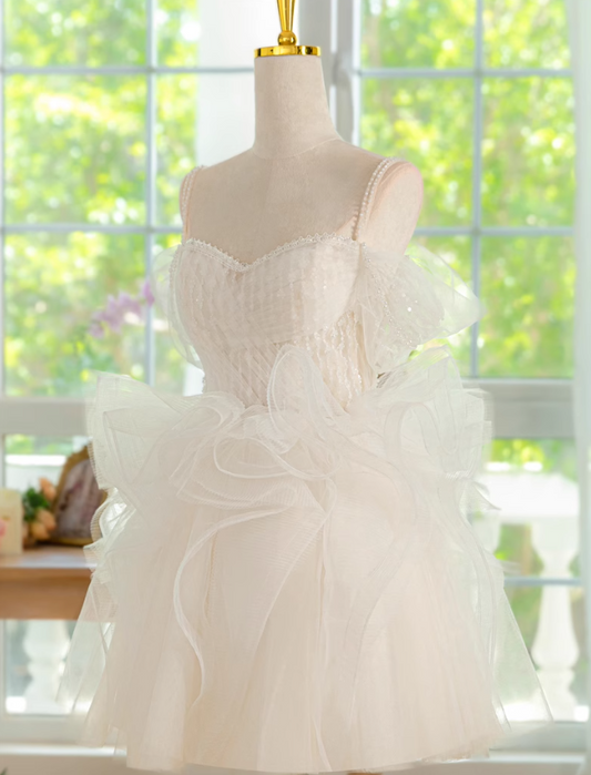 White A-line off-the-shoulder tulle lace short prom dress, white homecoming dress ED01159