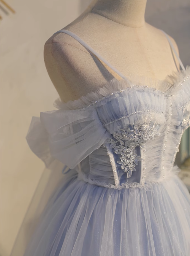 Light blue A-line tulle lace beaded short prom dress, light blue homecoming dress ED01161