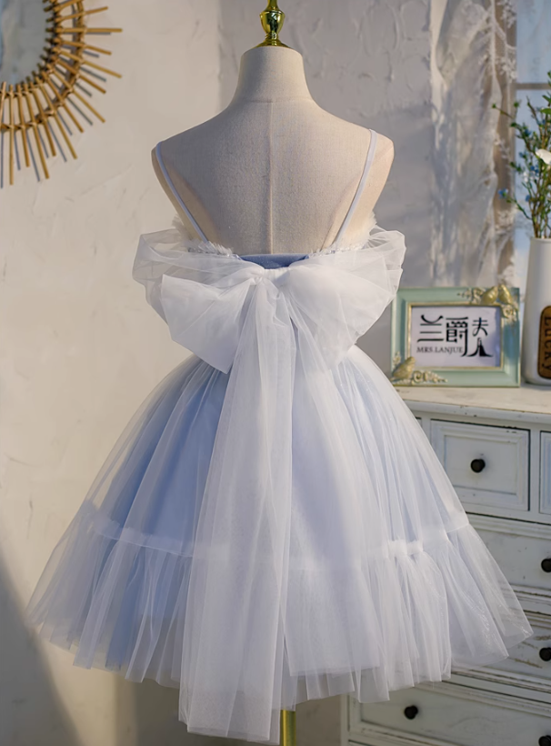 Light blue A-line tulle lace beaded short prom dress, light blue homecoming dress ED01161