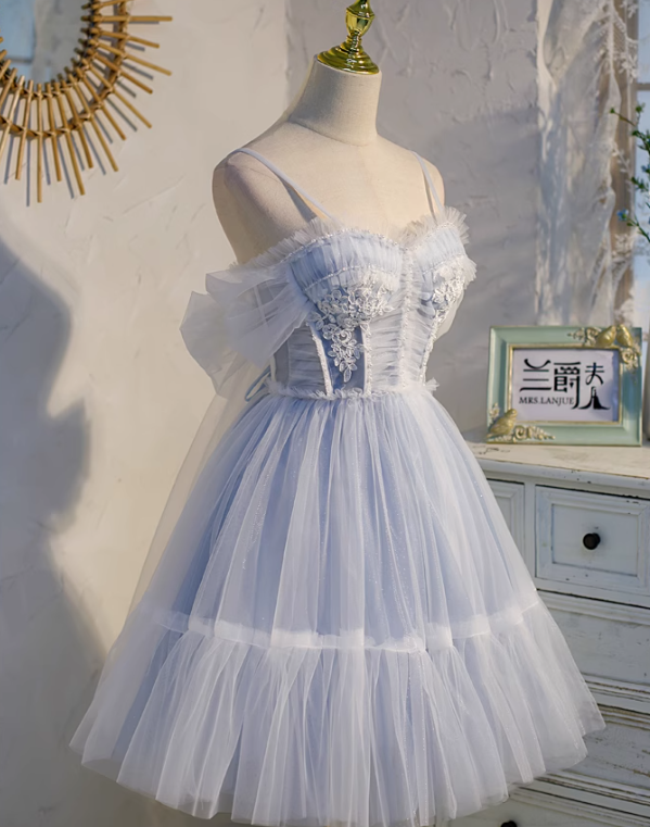 Light blue A-line tulle lace beaded short prom dress, light blue homecoming dress ED01161