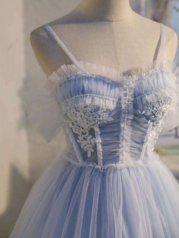 Light blue A-line tulle lace beaded short prom dress, light blue homecoming dress ED01161