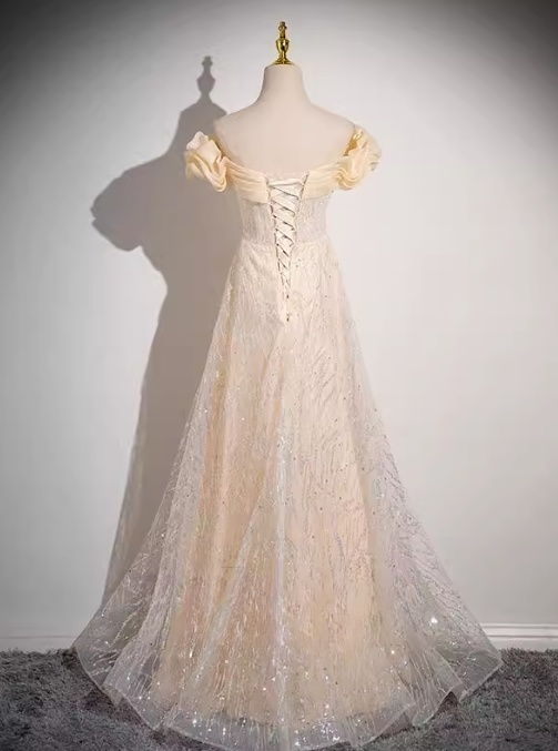 Robe de bal longue en tulle pailleté, coupe A-line, épaules dénudées, couleur champagne, robe Sweet 16, ED01174