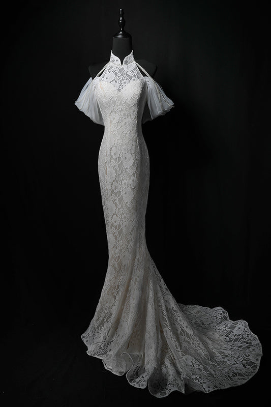 White mermaid lace long prom dress, white wedding dress ED01175