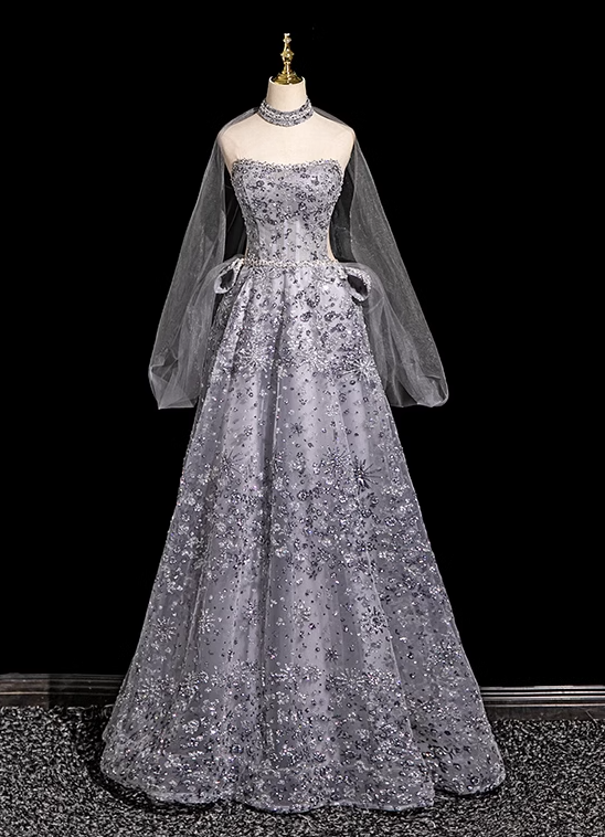 grey sweetheart neckline dress A-line White Grey Tulle Strapless Sweetheart Wedding Dress WD071 US6 / White