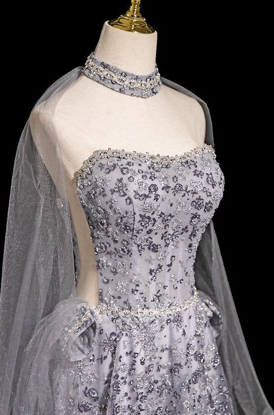 Grey A-line Sweetheart Neck Tulle Rhinestone Long Prom Dress, Grey Formal Long Dress ED01176
