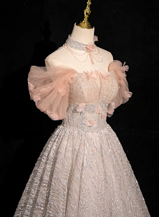 A-line V-neck tulle sequin long prom dress, formal long dress ED01178