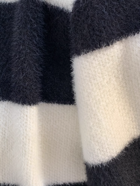 New loose lazy style mink black and white striped mid-length sweater ED0117