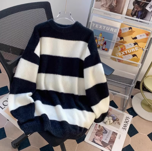 New loose lazy style mink black and white striped mid-length sweater ED0117