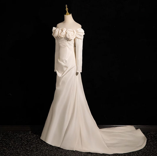 Beige Mermaid Off Shoulder Long Satin Prom Dress, Beige Formal Dress ED01180