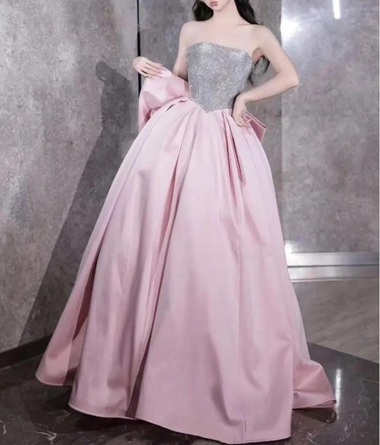 Pink A-line satin sequin long prom dress, pink formal dress ED01181