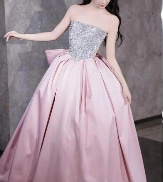 Pink A-line satin sequin long prom dress, pink formal dress ED01181