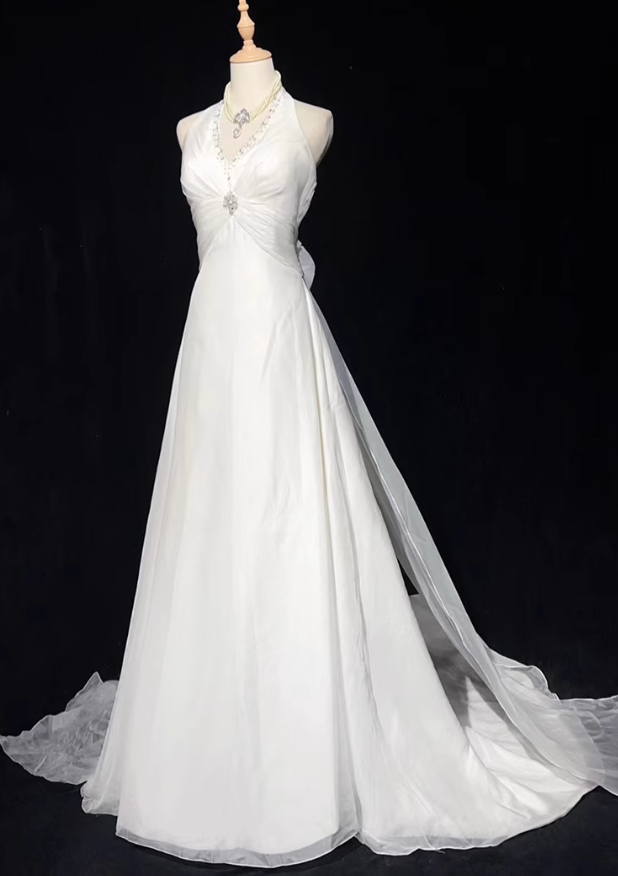 White Mermaid Halter Satin Beading Long Prom Dresses, White Wedding Dresses ED01182