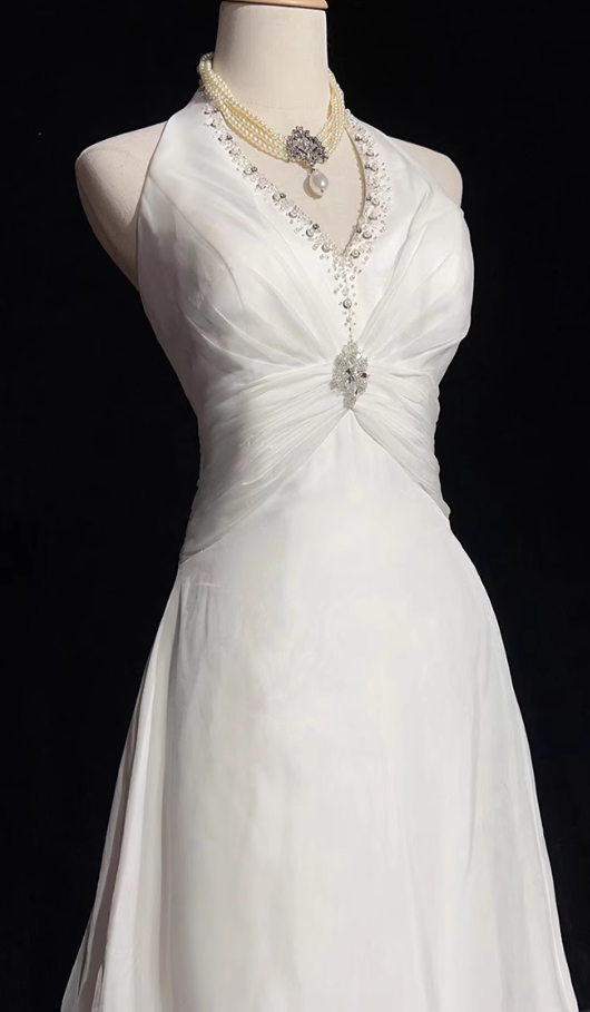 White Mermaid Halter Satin Beading Long Prom Dresses, White Wedding Dresses ED01182