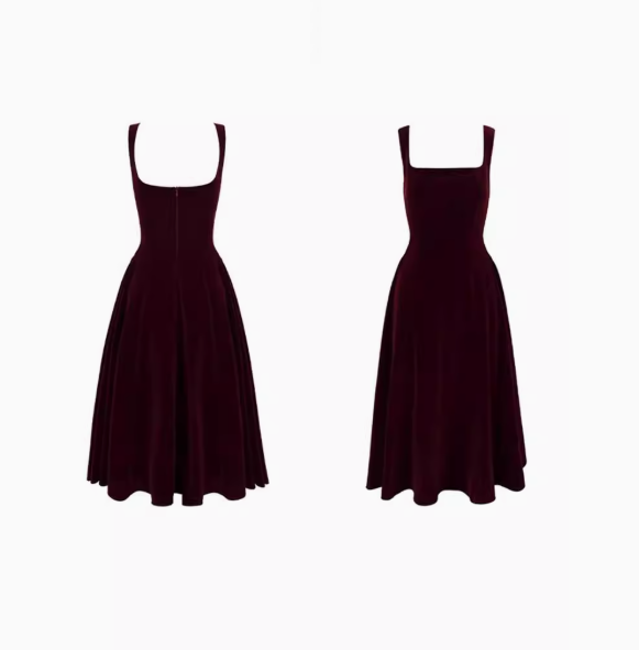 Französisches Retro-Burgunderrotes A-Linien-Samtkleid mit quadratischem Ausschnitt für Geburtstag und Abschlussfeier ED01193